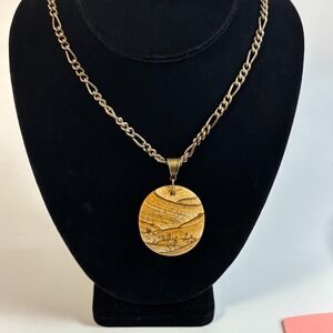 Vintage Pendant Necklace Chunky Gold Tone Jasper Stone